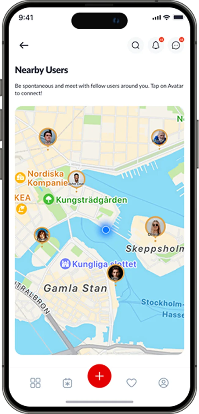 The FlyConnect app showing Nearby Users: aviation community members on a map around you